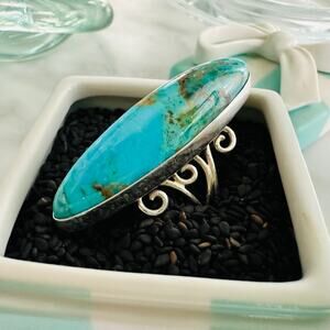 Large Statement Turquoise .925 Sterling Silver Ring Size 7 Fine Jewelry Fashion